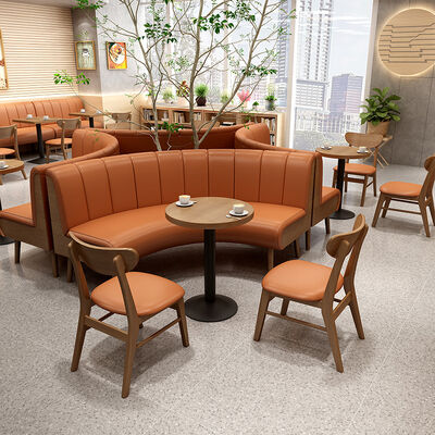 Buen precio Tabla y sillas de restaurante de la fábrica de Foshan Mesa de café comercial con silla Sofá de madera sólida asientos para restaurante en línea